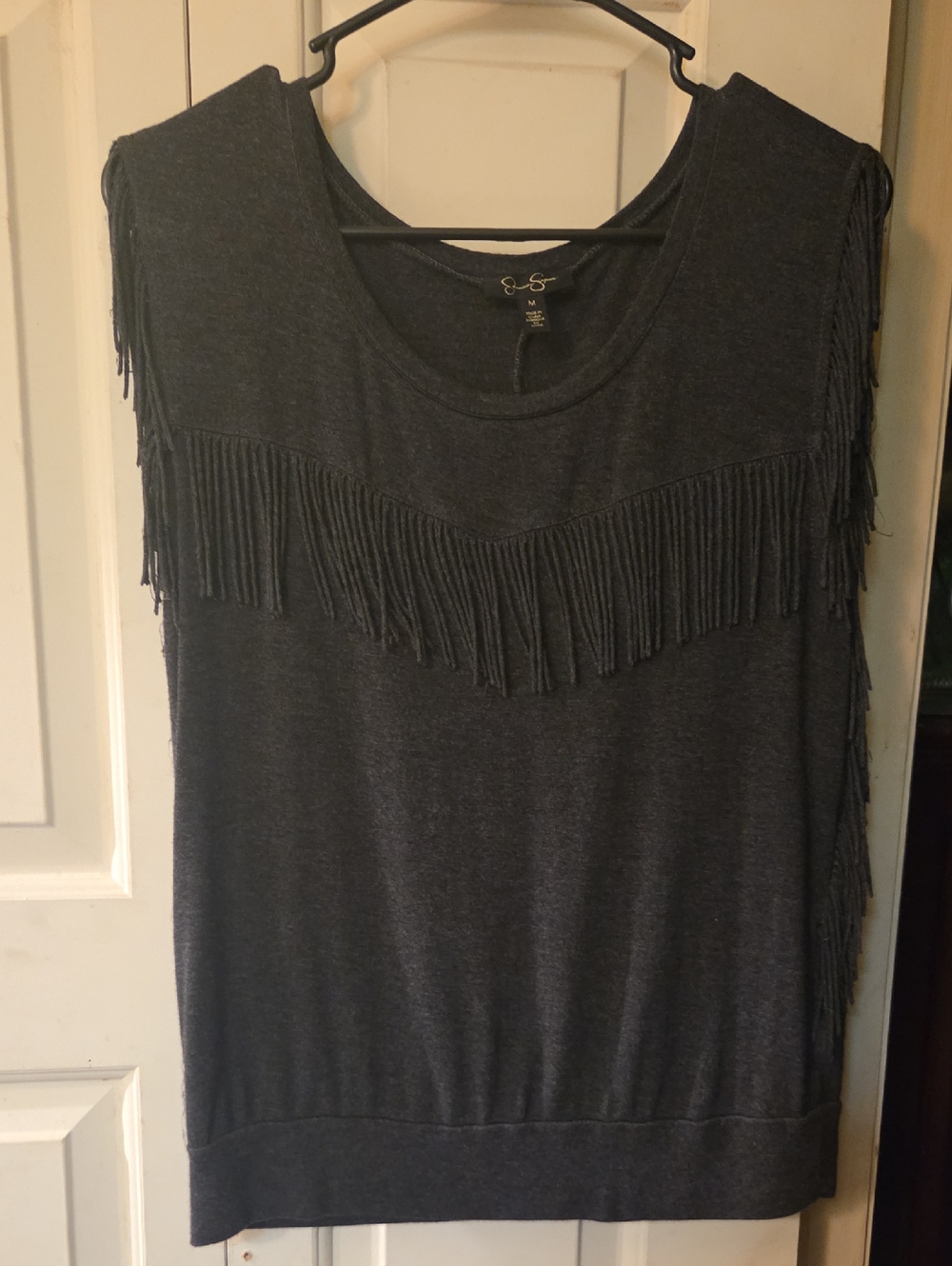 Jessica Simpson viscose Dark Charcoal Fringe Shana Sleeveless Shirt Size M